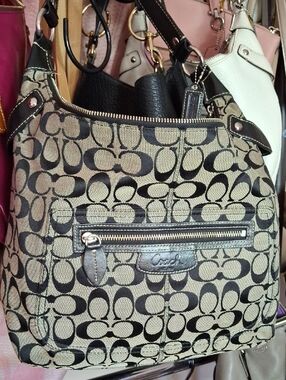 EUC COACH SIGNATURE DESIGN LARGE HOBO BAG GRAY BLACK CANVAS LEATHER